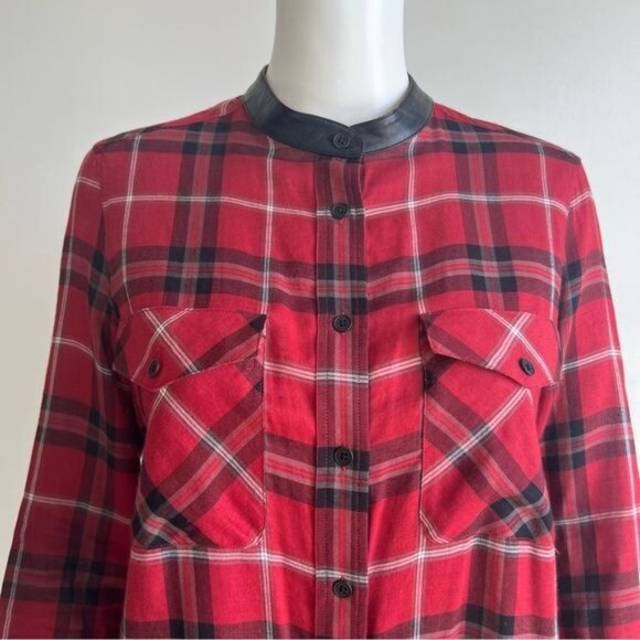 Vince Leather Trim Plaid Long Sleeve Button Down Shirt - 4 - Picture 5 of 8